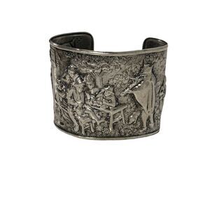 Vintage Danish Hans Jensen Silver Plate Wide Repousse Tavern Scene Cuff Bracelet